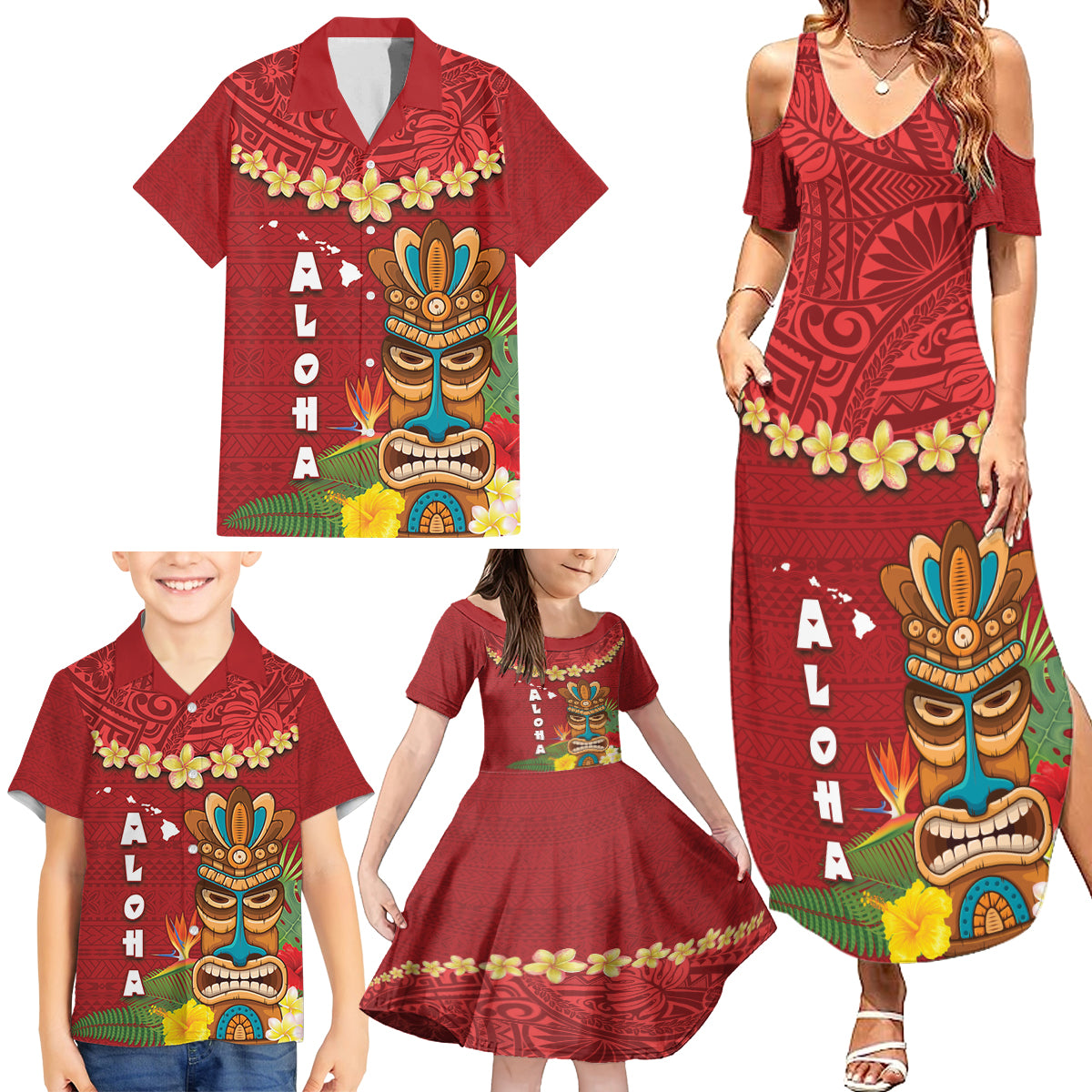 Hawaii Plumeria Lei Family Matching Summer Maxi Dress and Hawaiian Shirt Tiki and Kakau Pattern Red Color