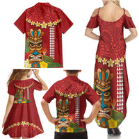 Hawaii Plumeria Lei Family Matching Summer Maxi Dress and Hawaiian Shirt Tiki and Kakau Pattern Red Color