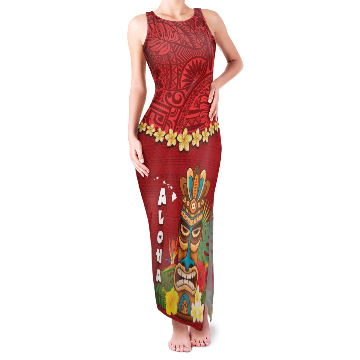 Hawaii Plumeria Lei Family Matching Tank Maxi Dress and Hawaiian Shirt Tiki and Kakau Pattern Red Color