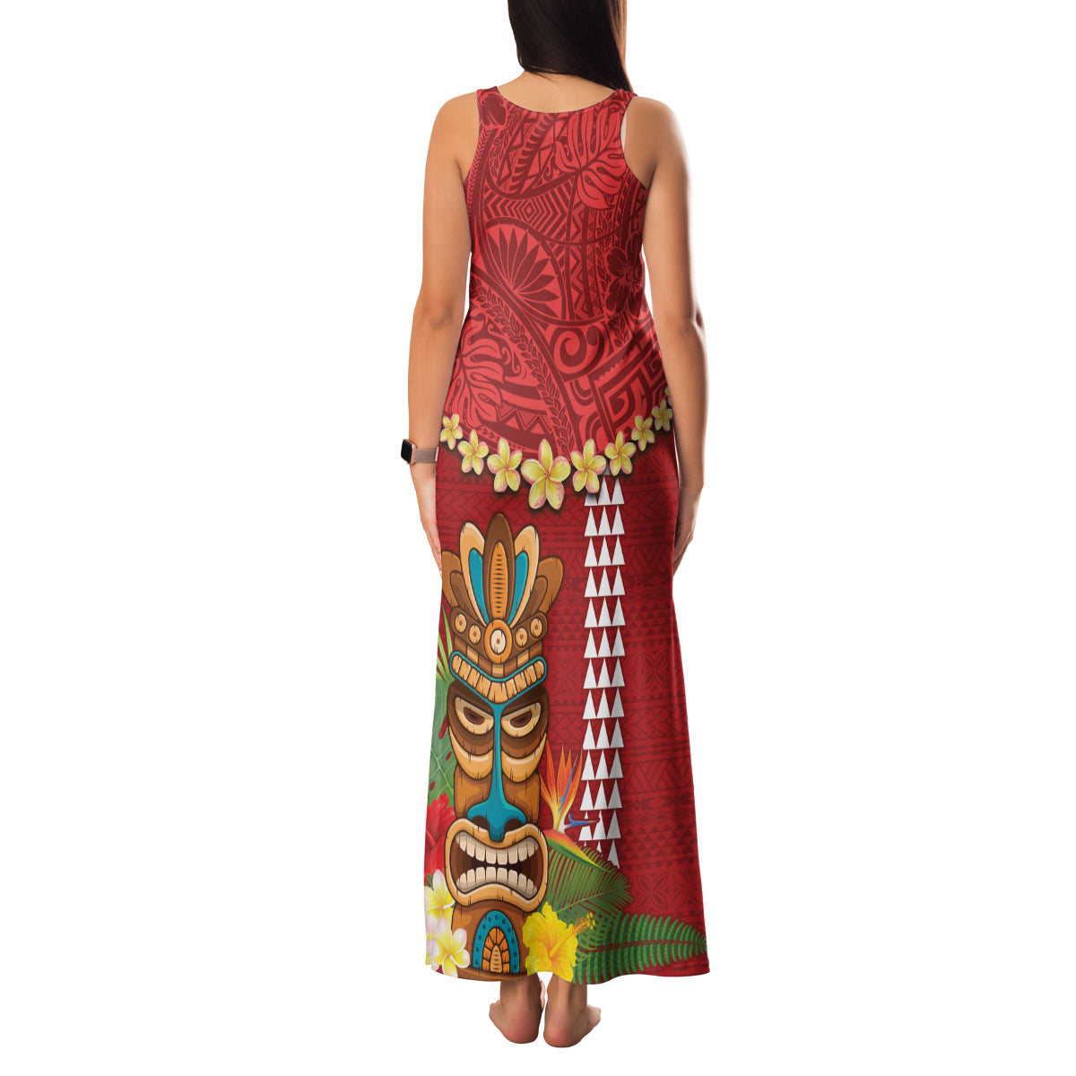 Hawaii Plumeria Lei Family Matching Tank Maxi Dress and Hawaiian Shirt Tiki and Kakau Pattern Red Color