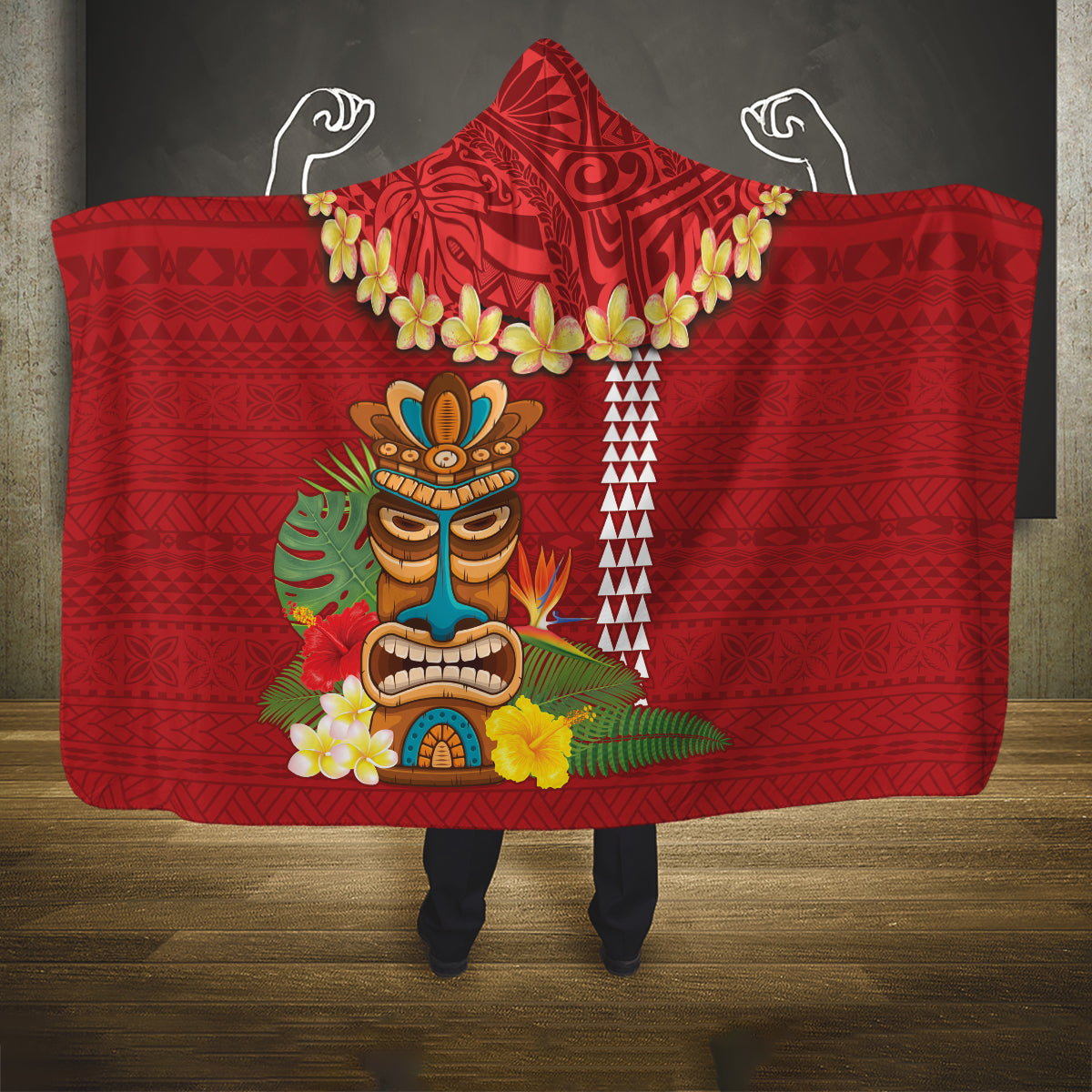 Hawaii Plumeria Lei Hooded Blanket Tiki and Kakau Pattern Red Color LT03 One Size Red - Polynesian Pride
