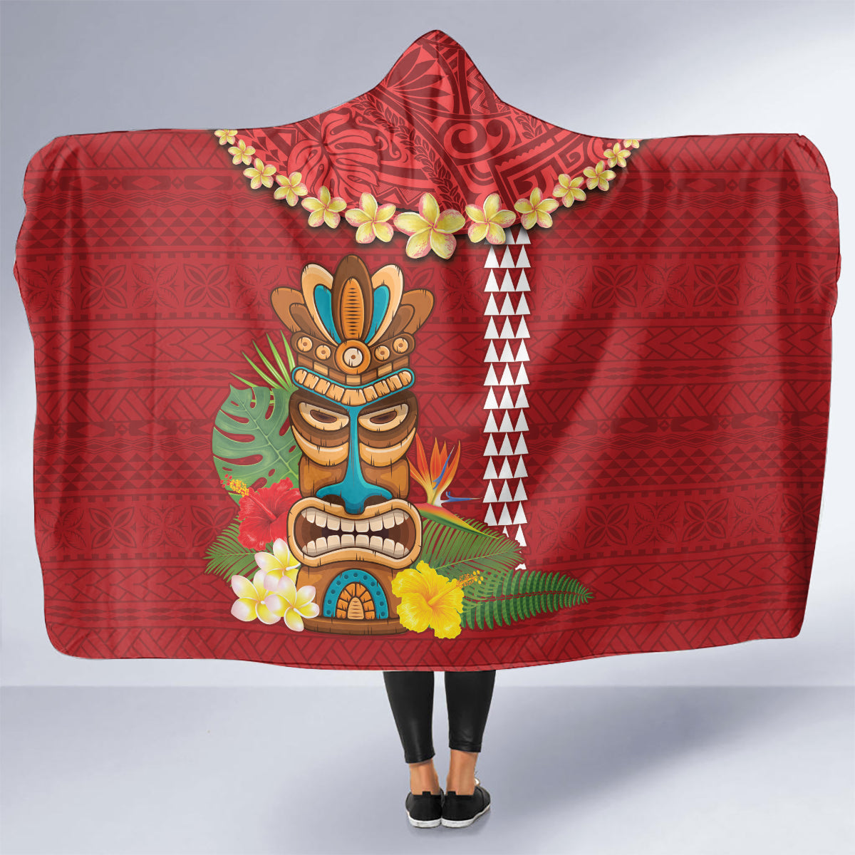 Hawaii Plumeria Lei Hooded Blanket Tiki and Kakau Pattern Red Color LT03 - Polynesian Pride