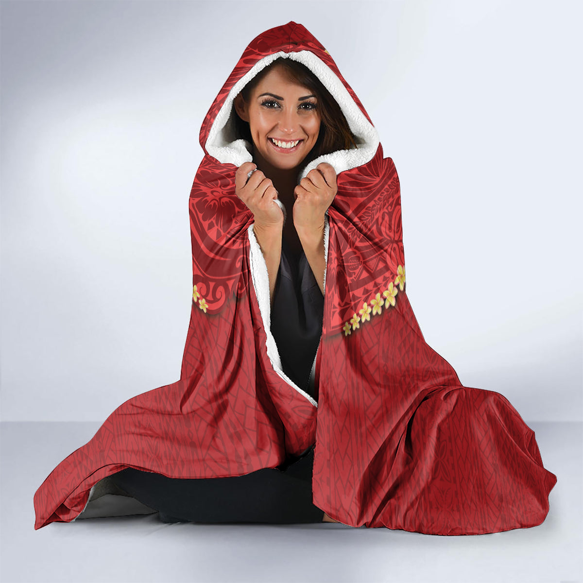 Hawaii Plumeria Lei Hooded Blanket Tiki and Kakau Pattern Red Color LT03 - Polynesian Pride