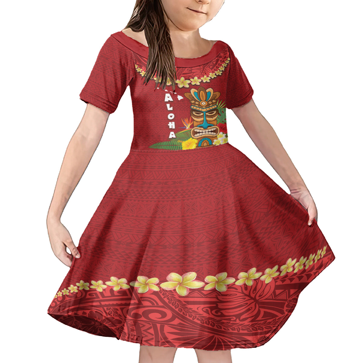 Hawaii Plumeria Lei Kid Short Sleeve Dress Tiki and Kakau Pattern Red Color LT03 KID Red - Polynesian Pride