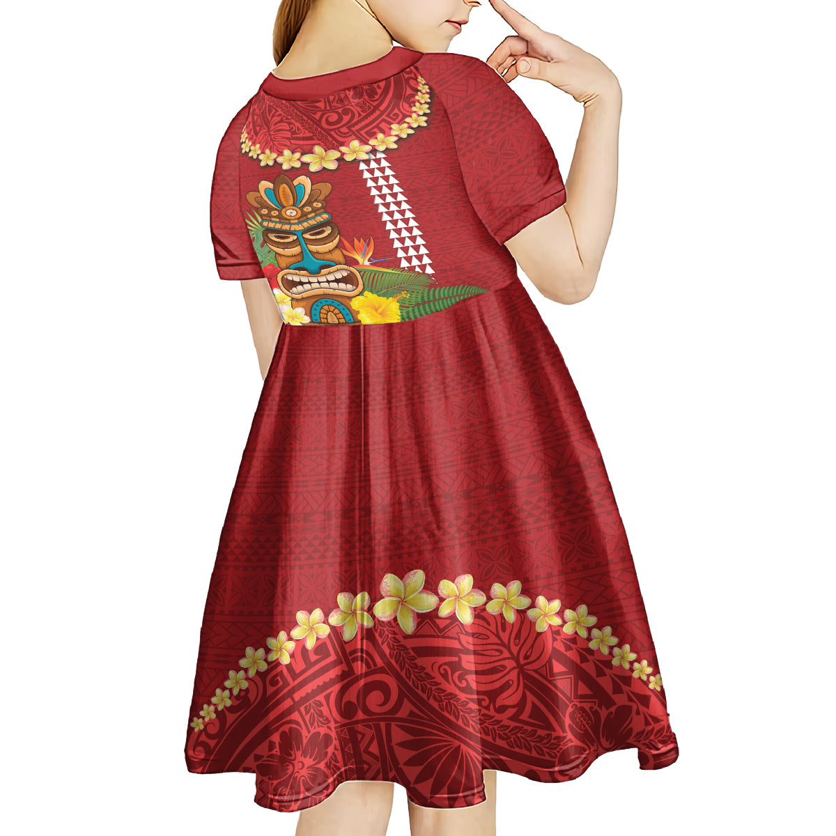 Hawaii Plumeria Lei Kid Short Sleeve Dress Tiki and Kakau Pattern Red Color LT03 - Polynesian Pride