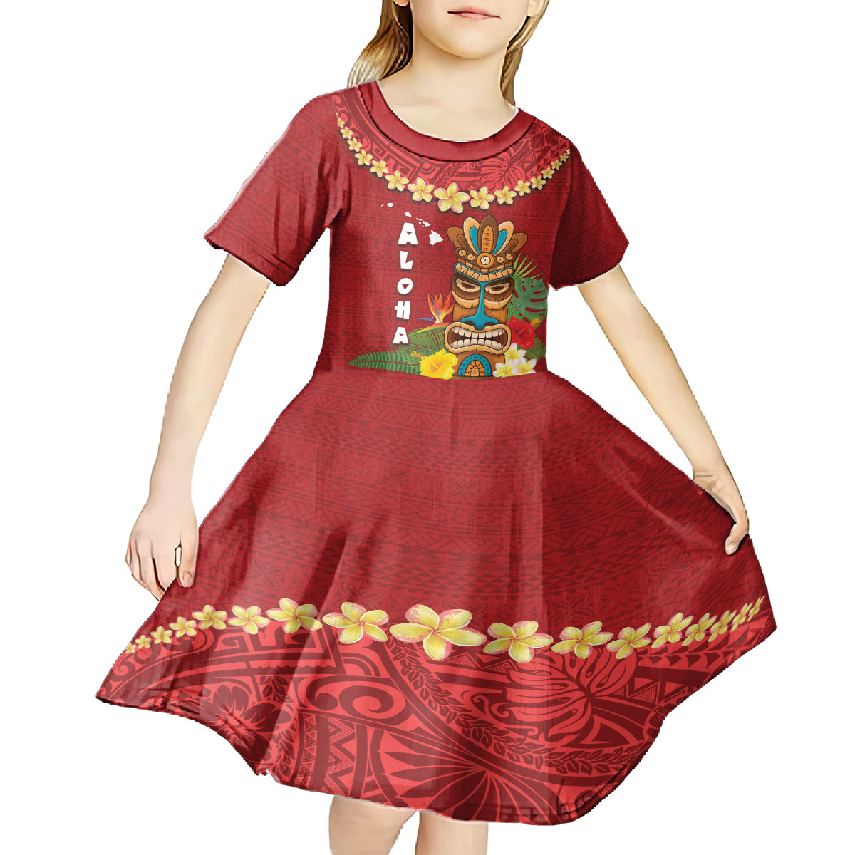Hawaii Plumeria Lei Kid Short Sleeve Dress Tiki and Kakau Pattern Red Color LT03 - Polynesian Pride