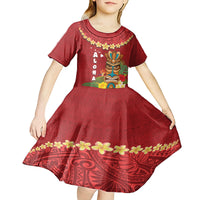 Hawaii Plumeria Lei Kid Short Sleeve Dress Tiki and Kakau Pattern Red Color LT03 - Polynesian Pride