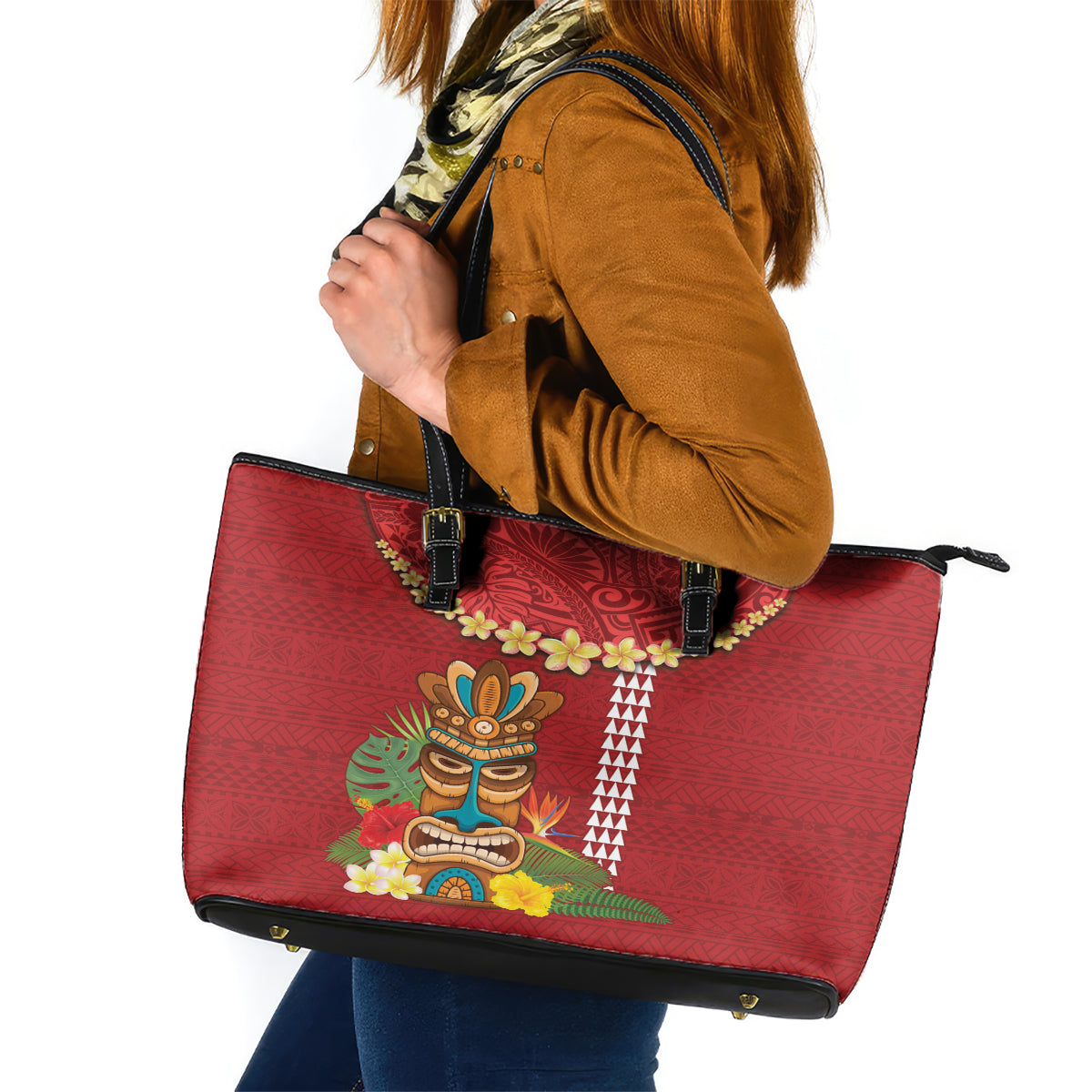 Hawaii Plumeria Lei Leather Tote Bag Tiki and Kakau Pattern Red Color LT03 Red - Polynesian Pride