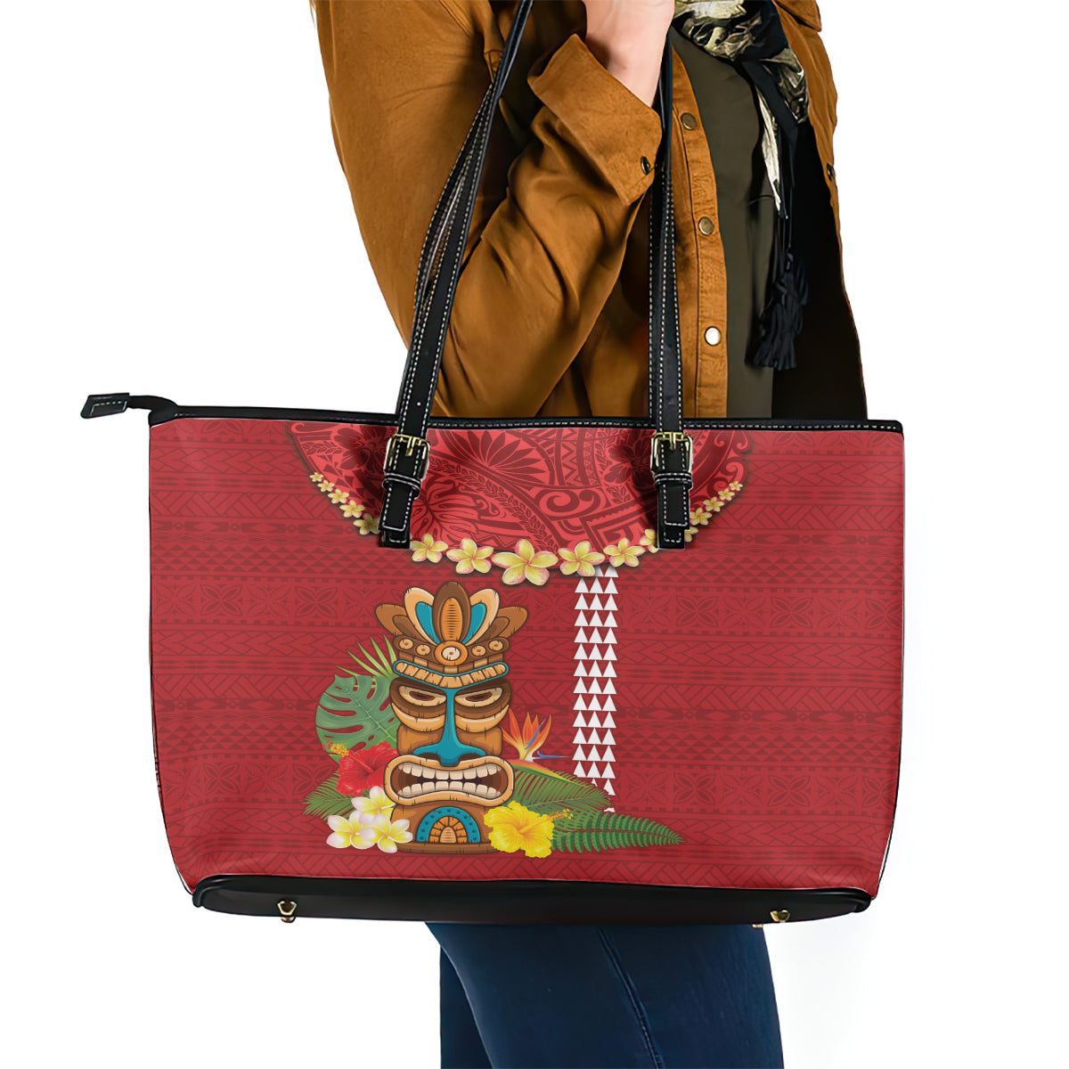 Hawaii Plumeria Lei Leather Tote Bag Tiki and Kakau Pattern Red Color LT03 - Polynesian Pride