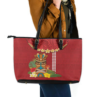 Hawaii Plumeria Lei Leather Tote Bag Tiki and Kakau Pattern Red Color LT03 - Polynesian Pride