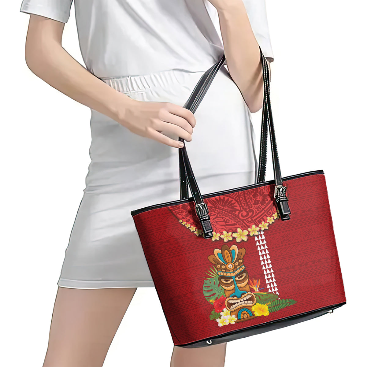 Hawaii Plumeria Lei Leather Tote Bag Tiki and Kakau Pattern Red Color LT03 - Polynesian Pride