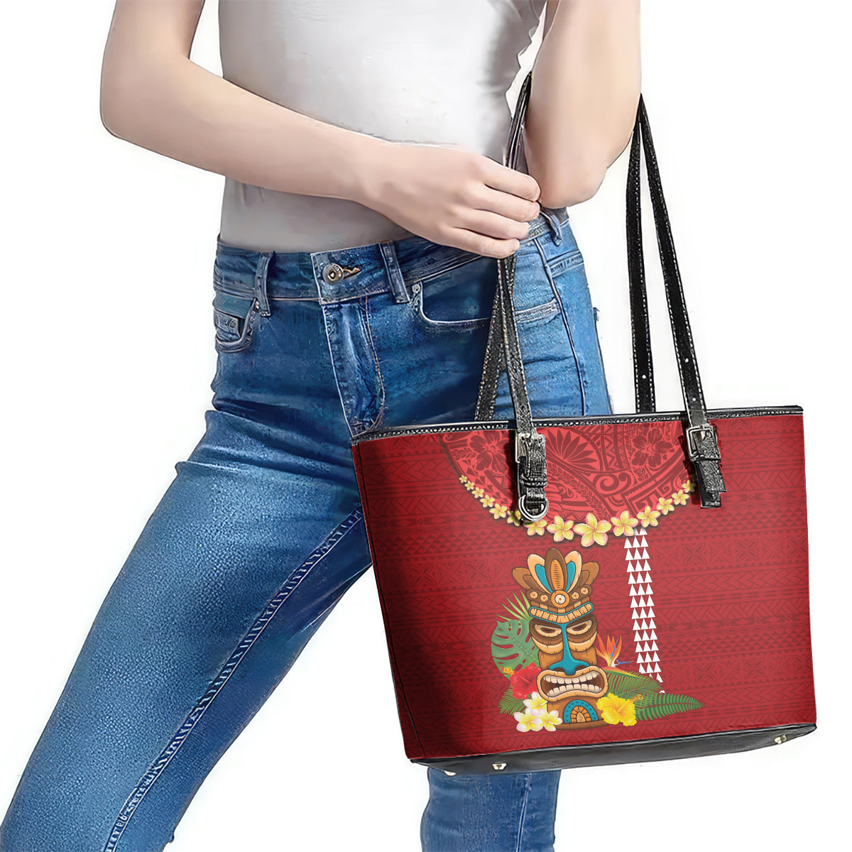 Hawaii Plumeria Lei Leather Tote Bag Tiki and Kakau Pattern Red Color LT03 - Polynesian Pride