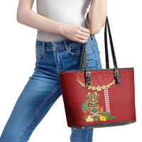 Hawaii Plumeria Lei Leather Tote Bag Tiki and Kakau Pattern Red Color LT03 - Polynesian Pride
