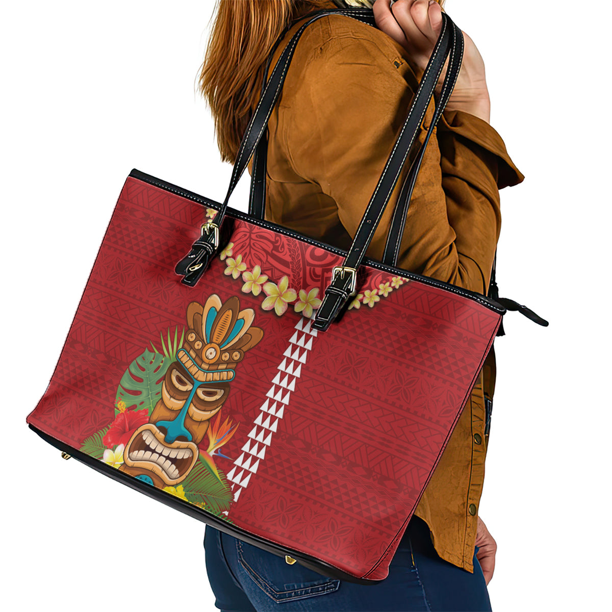 Hawaii Plumeria Lei Leather Tote Bag Tiki and Kakau Pattern Red Color LT03 - Polynesian Pride