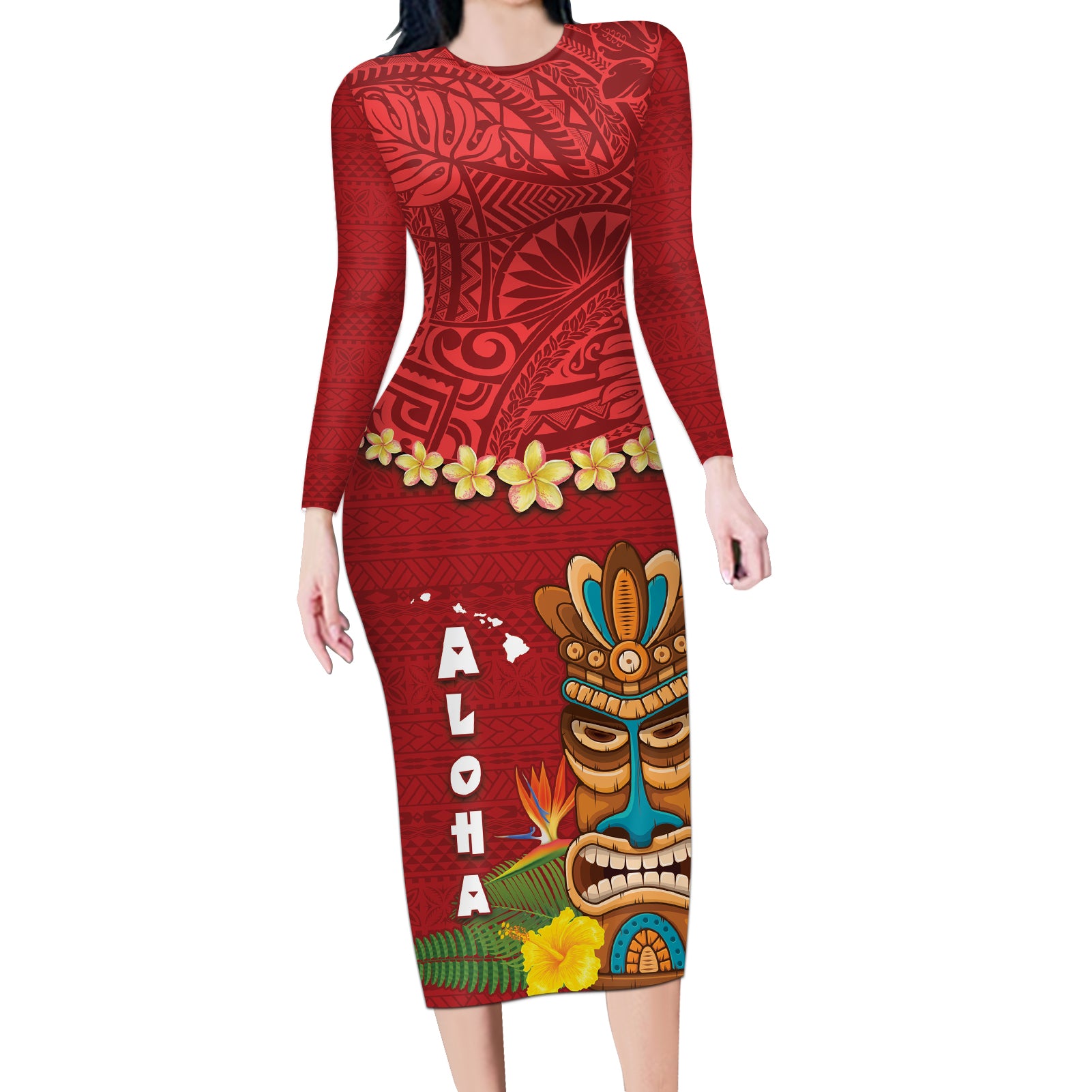 Hawaii Plumeria Lei Long Sleeve Bodycon Dress Tiki and Kakau Pattern Red Color