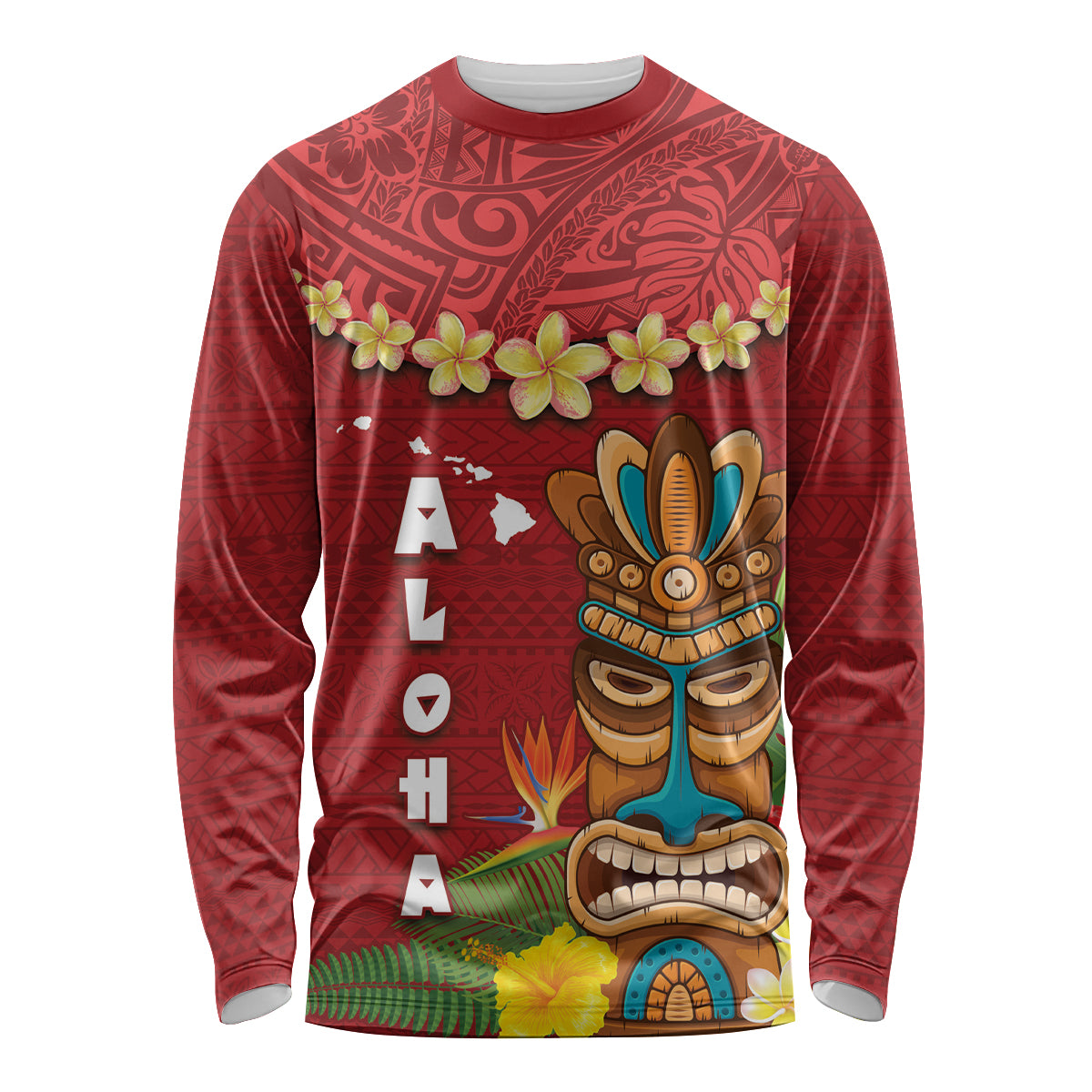 Hawaii Plumeria Lei Long Sleeve Shirt Tiki and Kakau Pattern Red Color