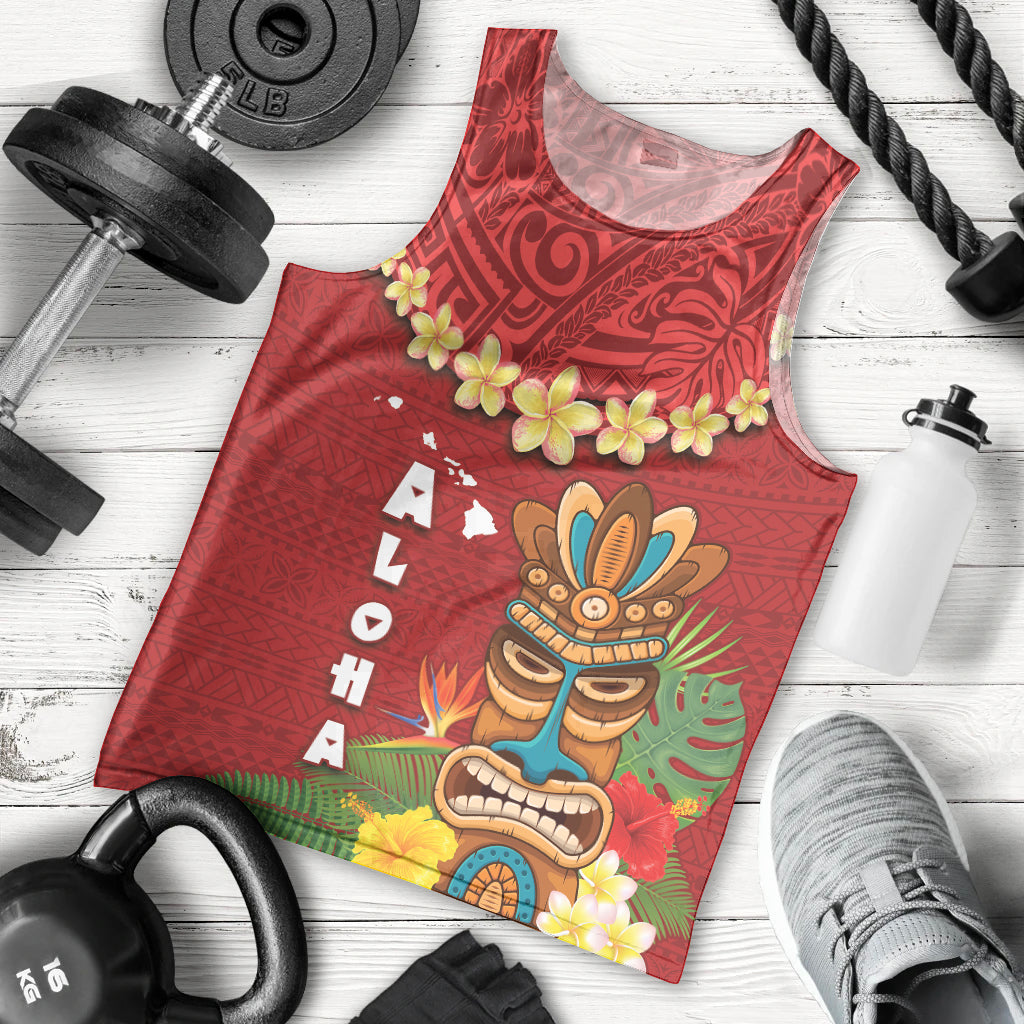 Hawaii Plumeria Lei Men Tank Top Tiki and Kakau Pattern Red Color LT03 - Polynesian Pride