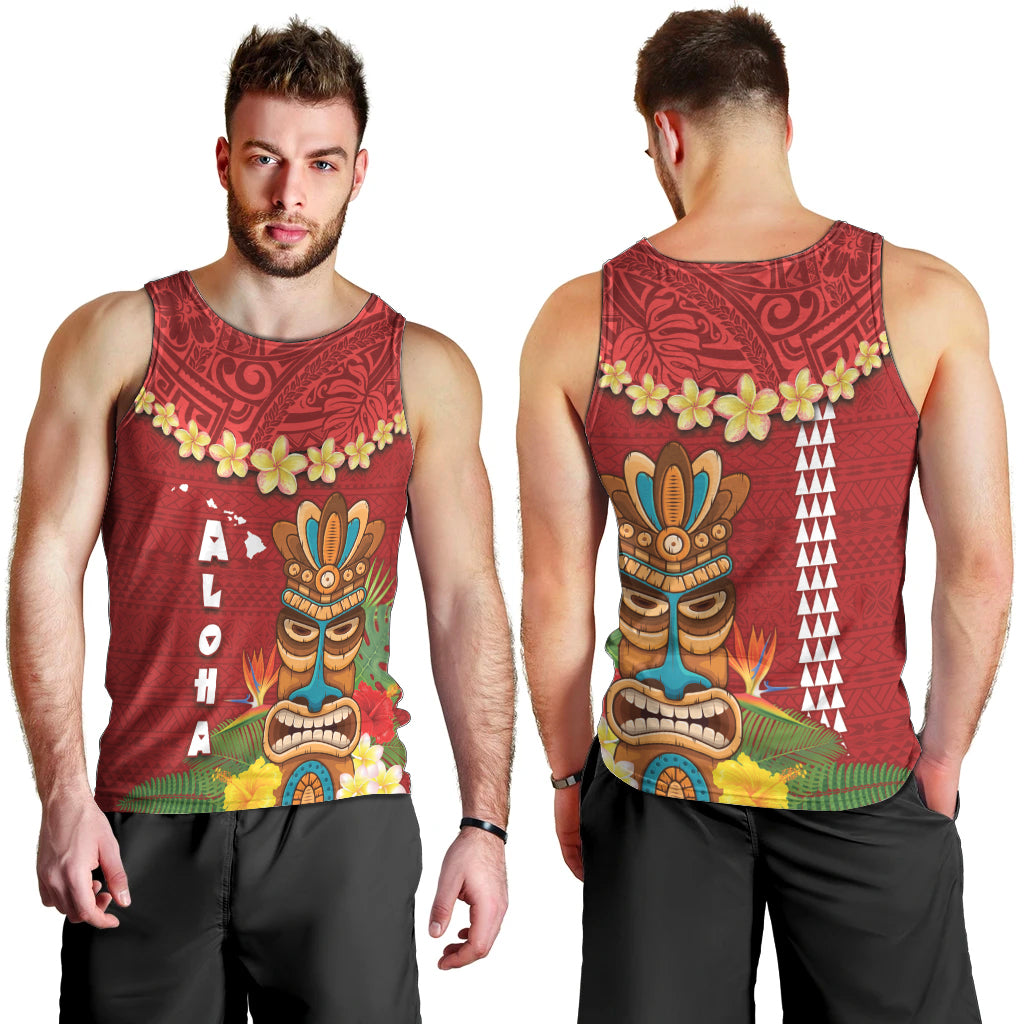 Hawaii Plumeria Lei Men Tank Top Tiki and Kakau Pattern Red Color LT03 - Polynesian Pride