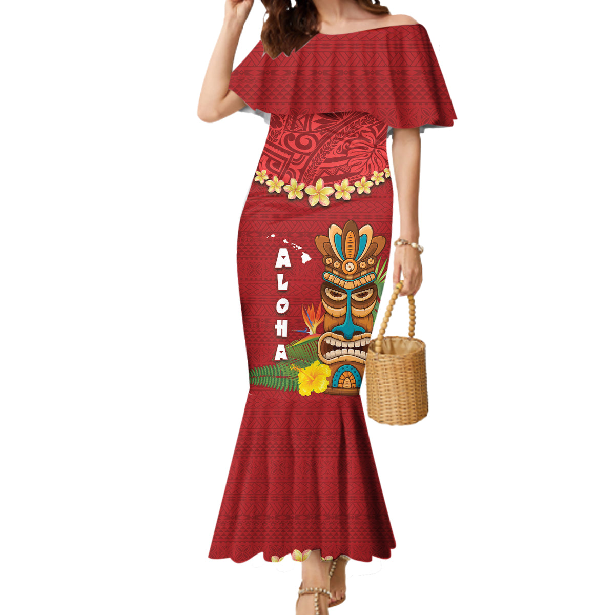 Hawaii Plumeria Lei Mermaid Dress Tiki and Kakau Pattern Red Color