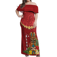 Hawaii Plumeria Lei Off Shoulder Maxi Dress Tiki and Kakau Pattern Red Color LT03 Women Red - Polynesian Pride