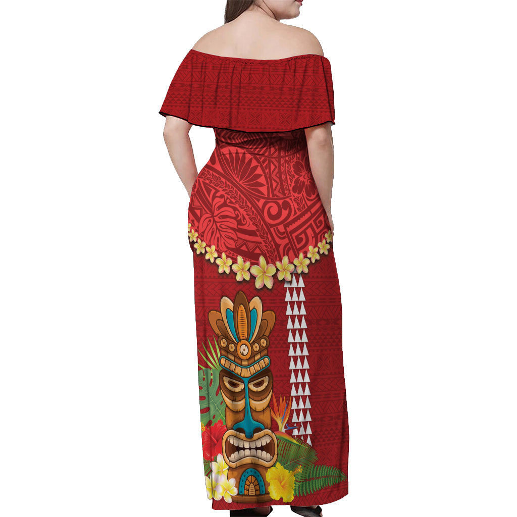 Hawaii Plumeria Lei Off Shoulder Maxi Dress Tiki and Kakau Pattern Red Color LT03 - Polynesian Pride