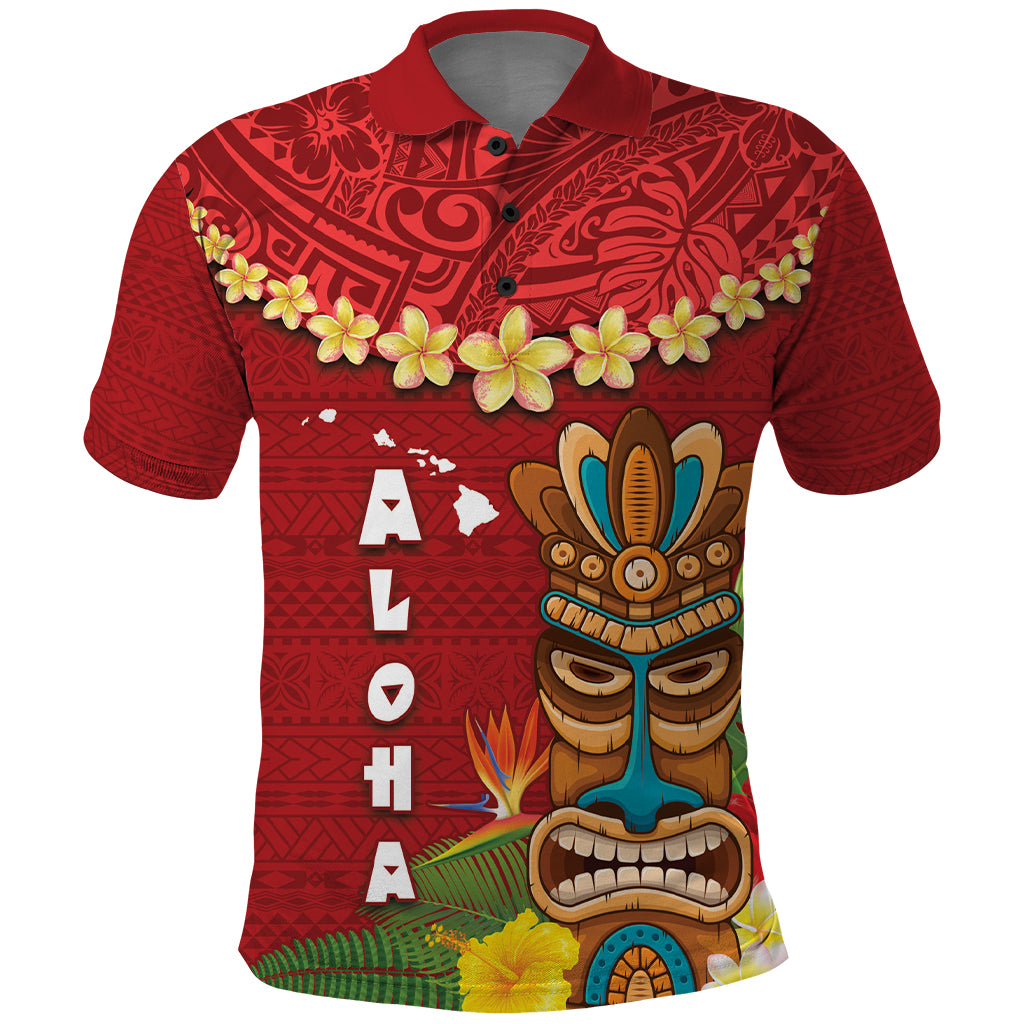 Hawaii Plumeria Lei Polo Shirt Tiki and Kakau Pattern Red Color
