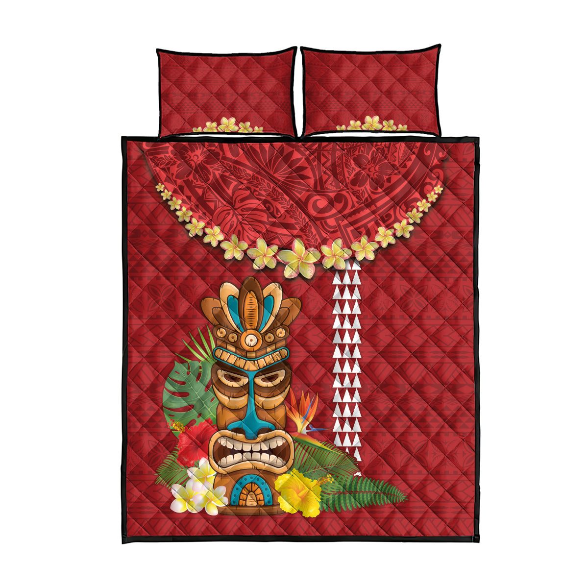 Hawaii Plumeria Lei Quilt Bed Set Tiki and Kakau Pattern Red Color LT03 - Polynesian Pride