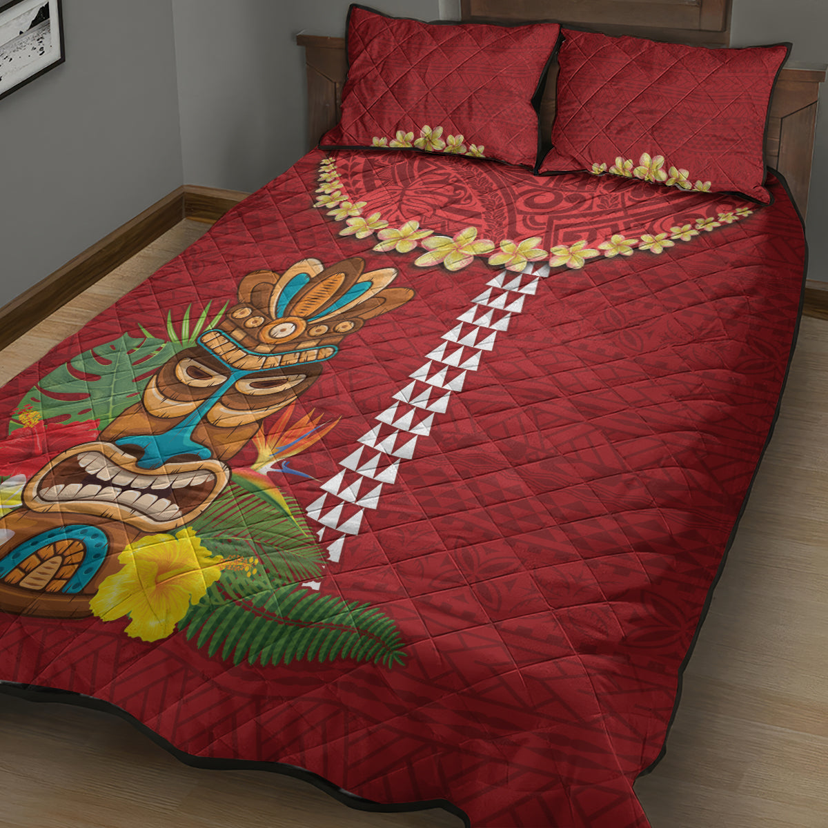 Hawaii Plumeria Lei Quilt Bed Set Tiki and Kakau Pattern Red Color LT03 - Polynesian Pride
