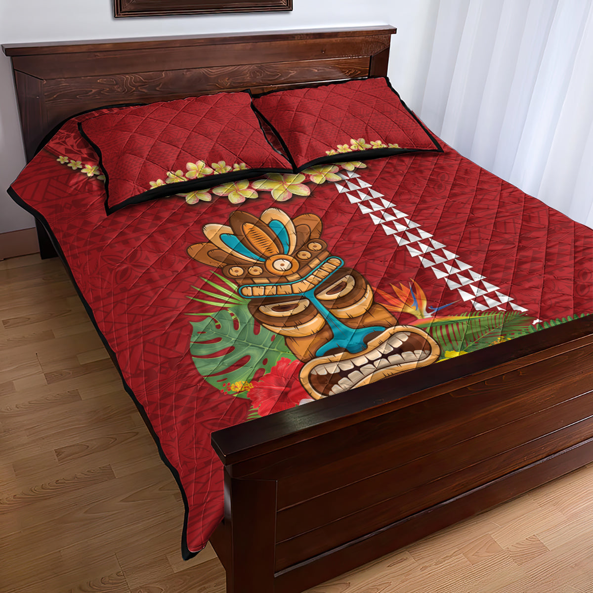 Hawaii Plumeria Lei Quilt Bed Set Tiki and Kakau Pattern Red Color LT03 - Polynesian Pride
