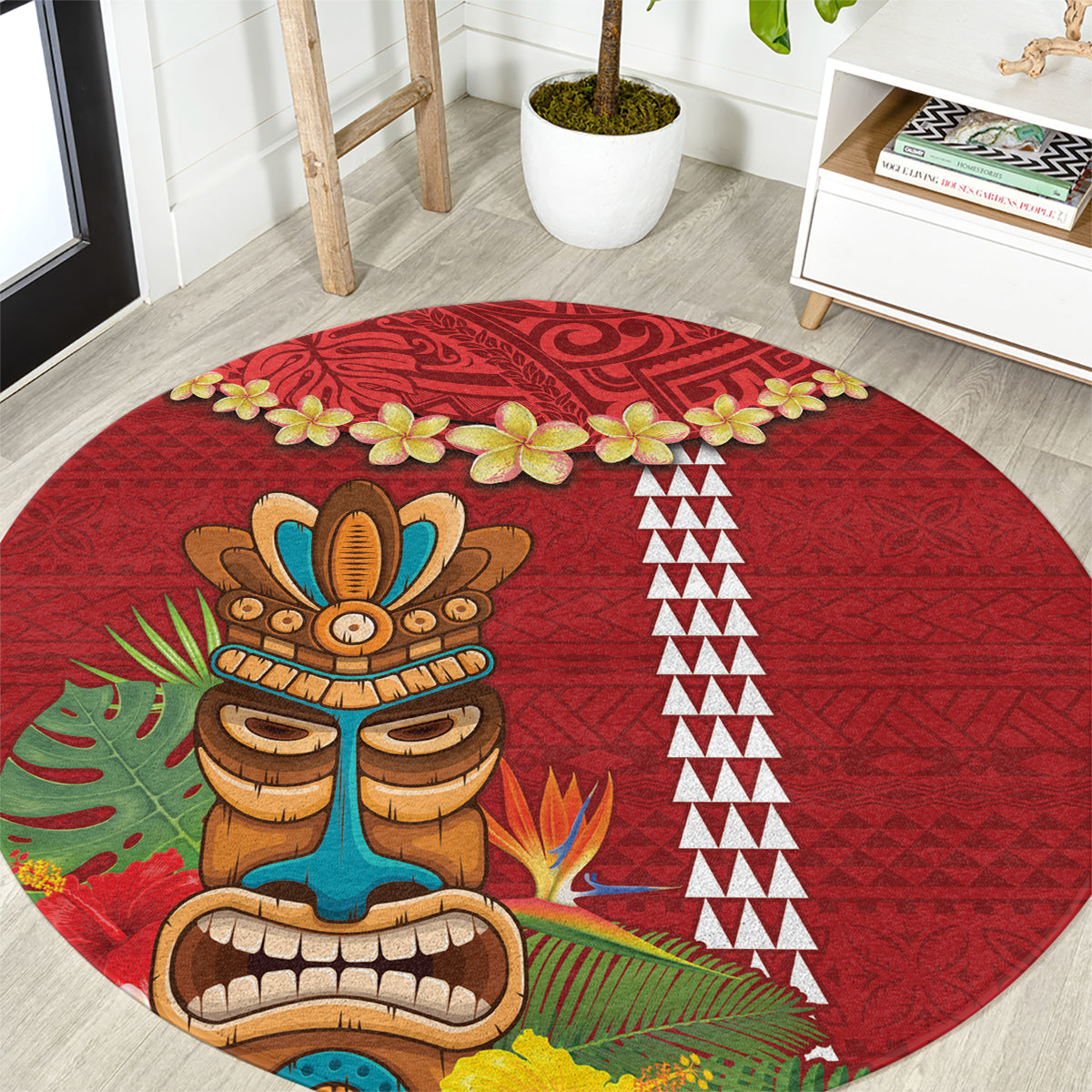 Hawaii Plumeria Lei Round Carpet Tiki and Kakau Pattern Red Color