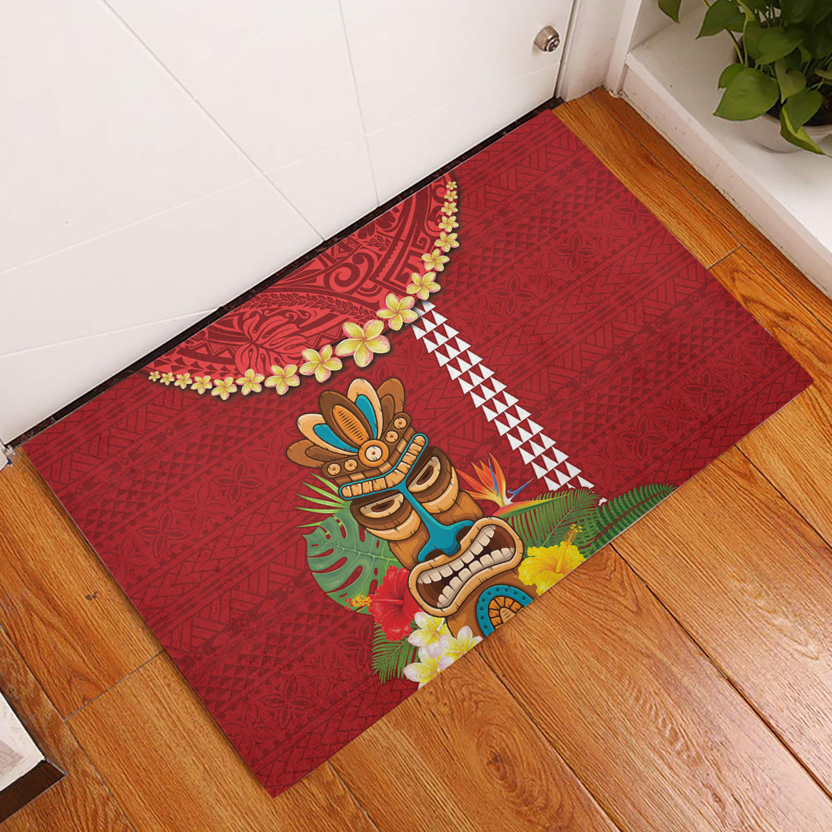 Hawaii Plumeria Lei Rubber Doormat Tiki and Kakau Pattern Red Color LT03 Red - Polynesian Pride