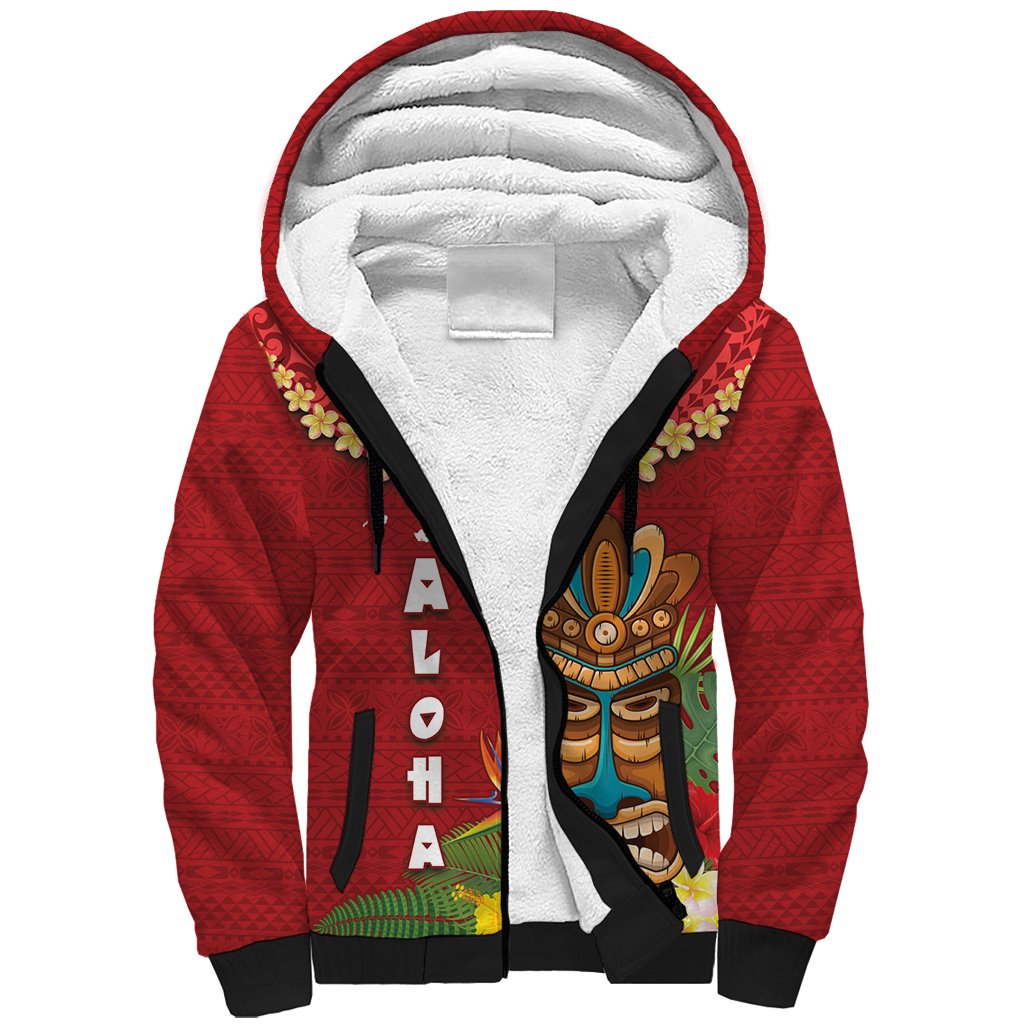 Hawaii Plumeria Lei Sherpa Hoodie Tiki and Kakau Pattern Red Color LT03 Unisex Red - Polynesian Pride