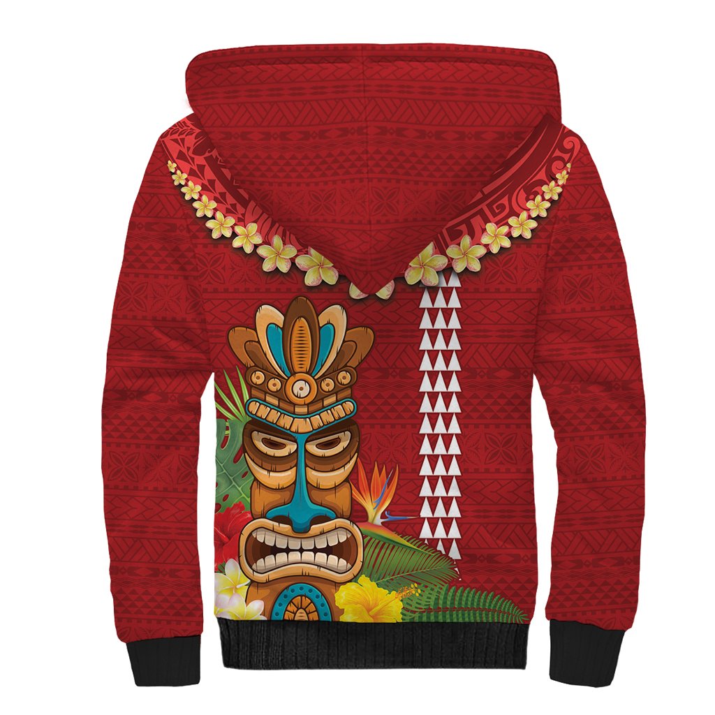 Hawaii Plumeria Lei Sherpa Hoodie Tiki and Kakau Pattern Red Color LT03 - Polynesian Pride