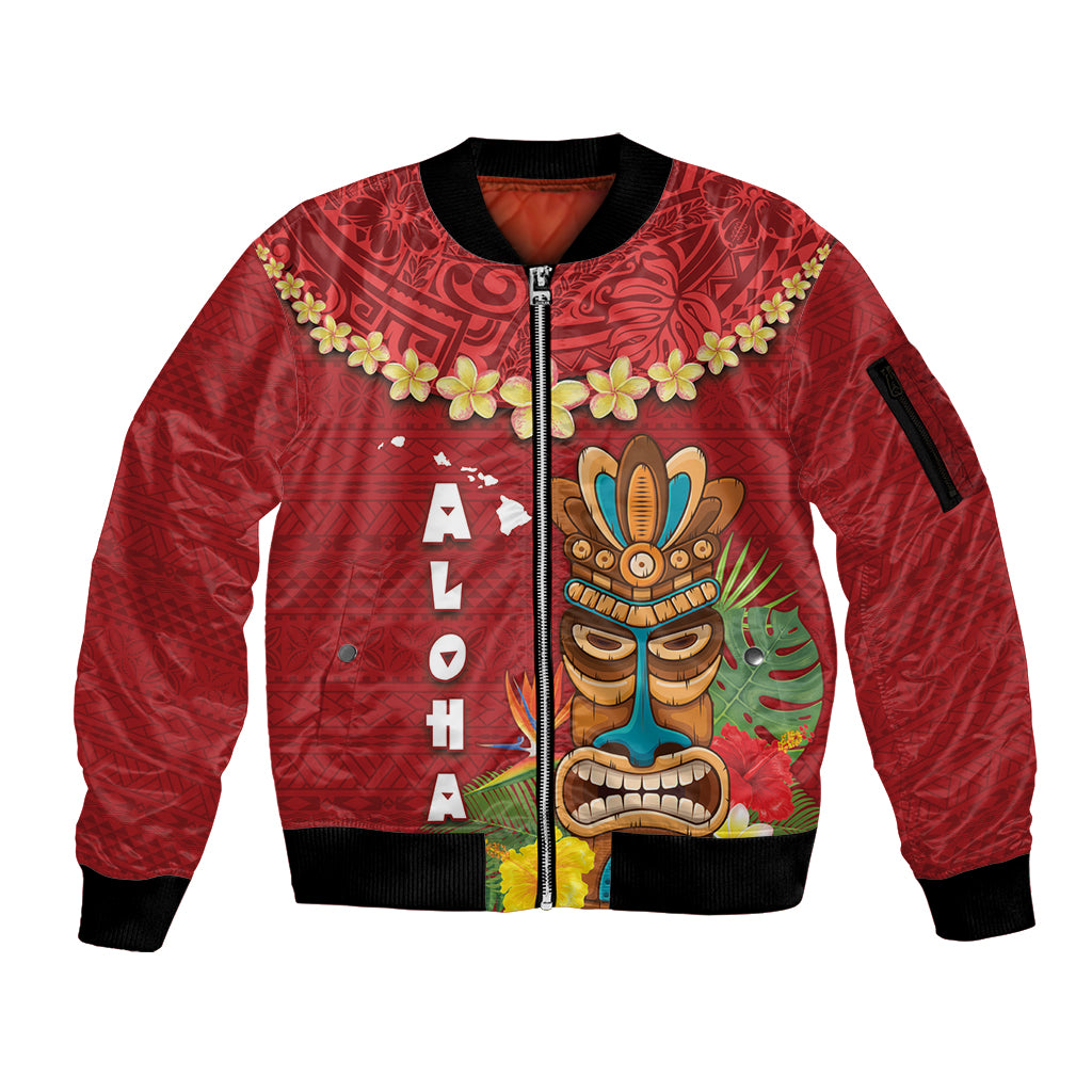 Hawaii Plumeria Lei Sleeve Zip Bomber Jacket Tiki and Kakau Pattern Red Color LT03 Unisex Red - Polynesian Pride