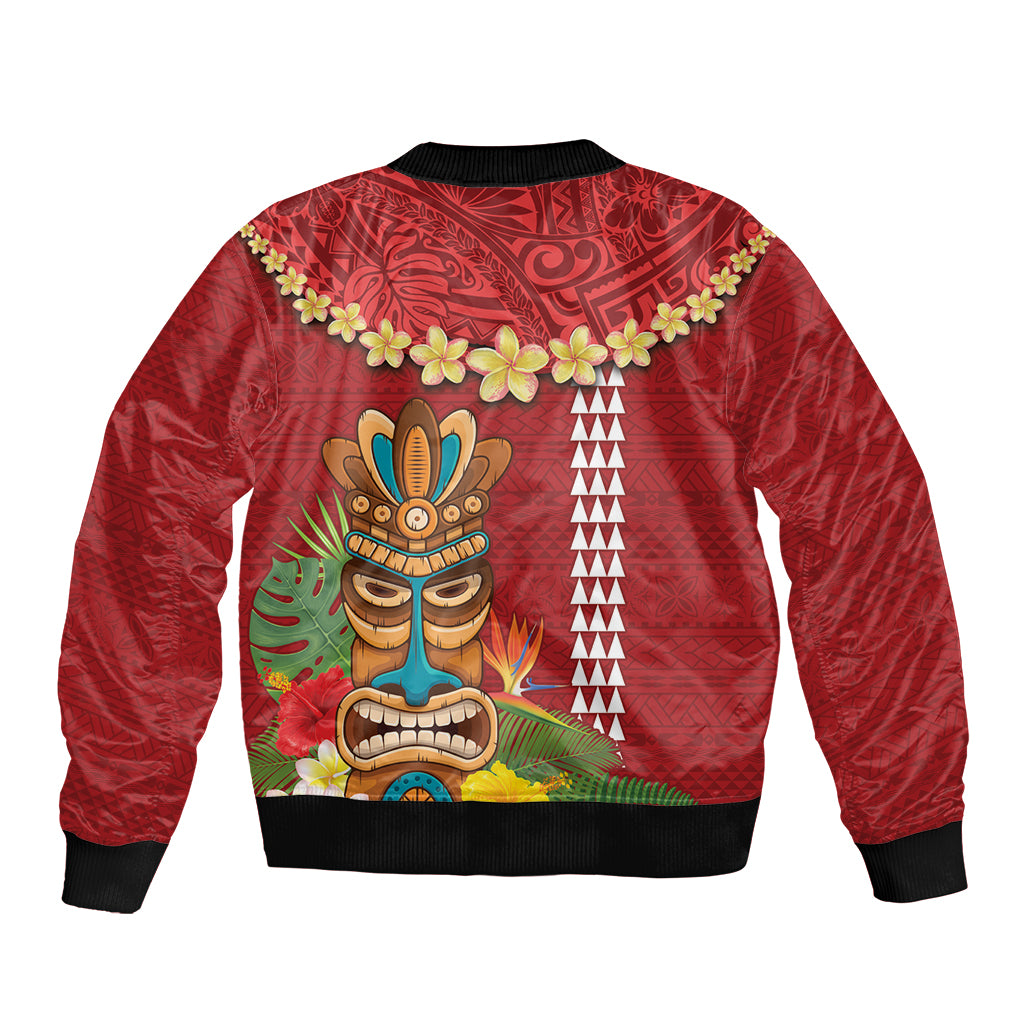 Hawaii Plumeria Lei Sleeve Zip Bomber Jacket Tiki and Kakau Pattern Red Color LT03 - Polynesian Pride