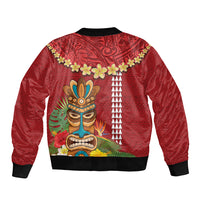 Hawaii Plumeria Lei Sleeve Zip Bomber Jacket Tiki and Kakau Pattern Red Color LT03 - Polynesian Pride