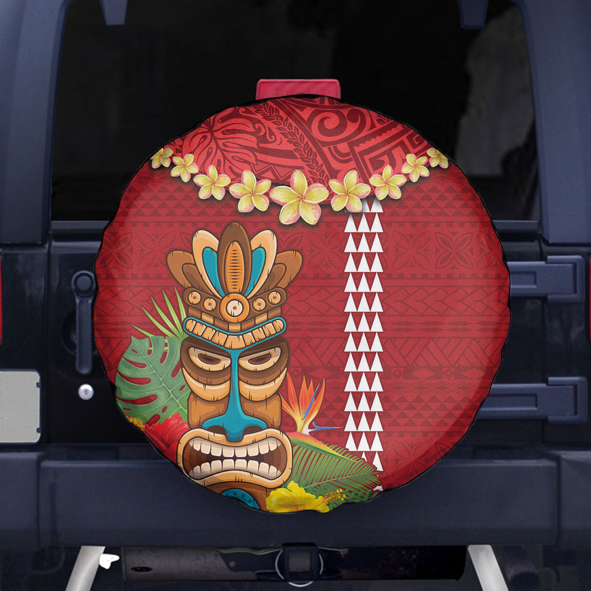 Hawaii Plumeria Lei Spare Tire Cover Tiki and Kakau Pattern Red Color LT03 - Polynesian Pride