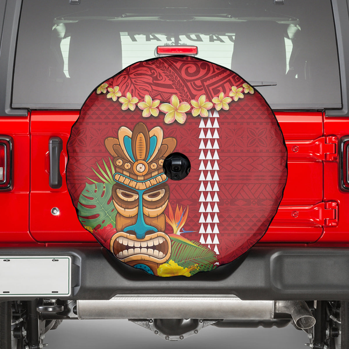 Hawaii Plumeria Lei Spare Tire Cover Tiki and Kakau Pattern Red Color LT03 - Polynesian Pride