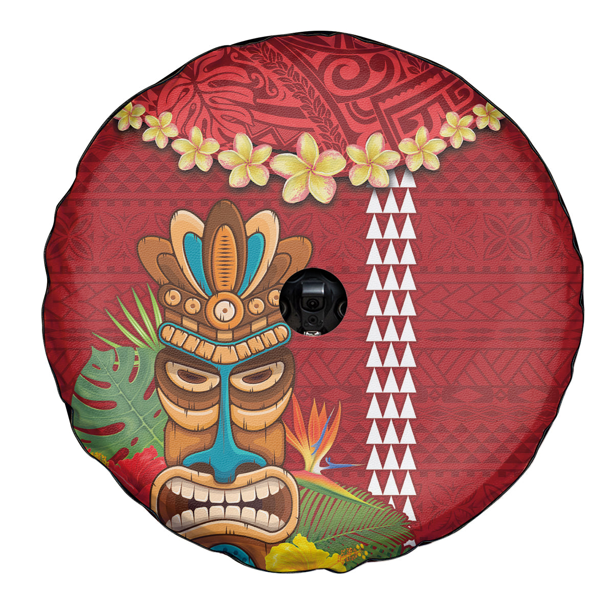 Hawaii Plumeria Lei Spare Tire Cover Tiki and Kakau Pattern Red Color LT03 - Polynesian Pride