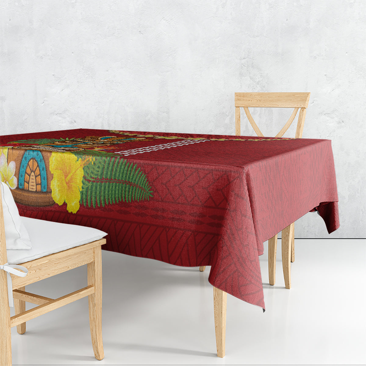 Hawaii Plumeria Lei Tablecloth Tiki and Kakau Pattern Red Color LT03 - Polynesian Pride
