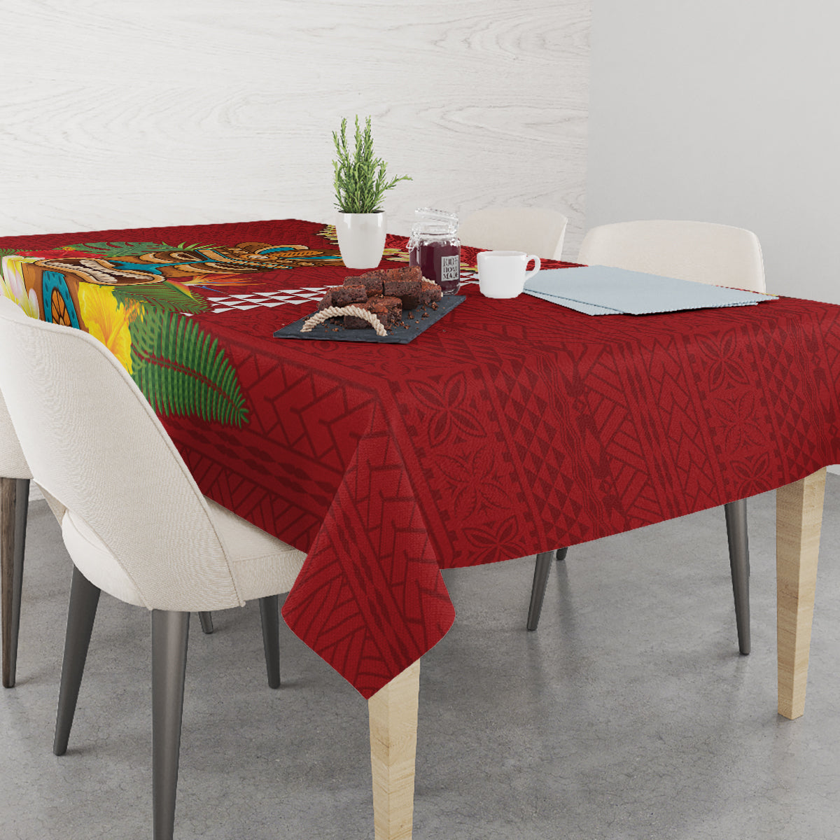 Hawaii Plumeria Lei Tablecloth Tiki and Kakau Pattern Red Color LT03 - Polynesian Pride