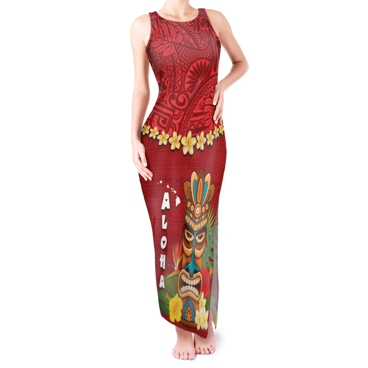 Hawaii Plumeria Lei Tank Maxi Dress Tiki and Kakau Pattern Red Color