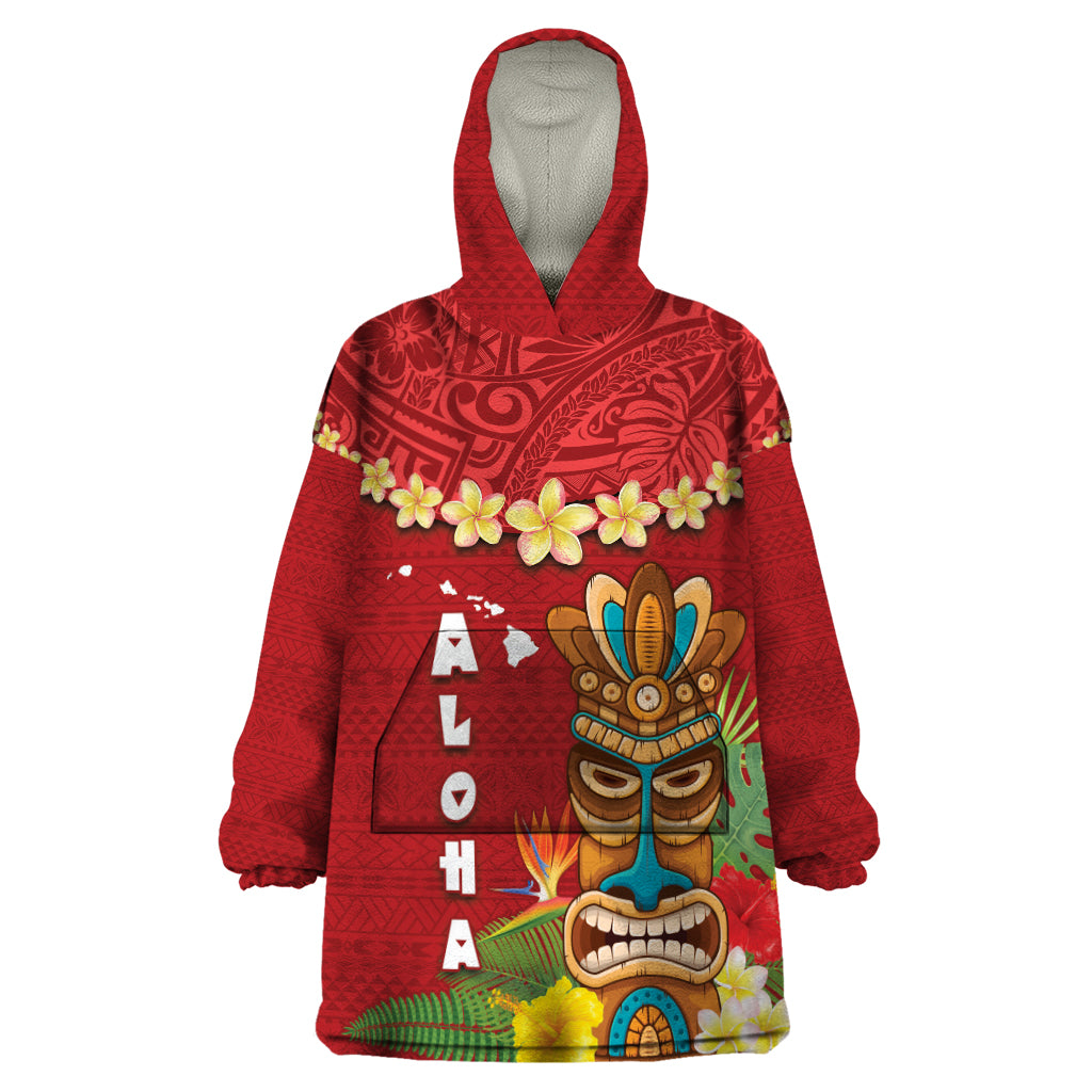 Hawaii Plumeria Lei Wearable Blanket Hoodie Tiki and Kakau Pattern Red Color