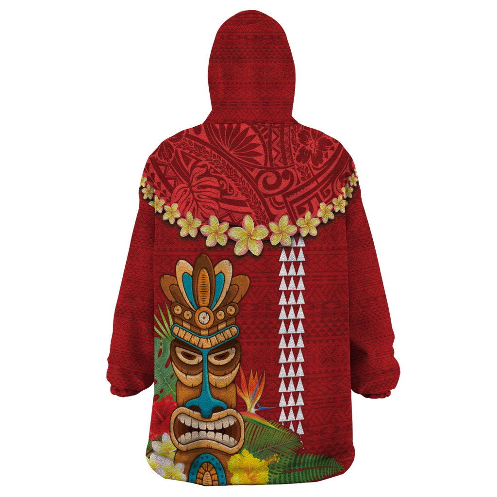 Hawaii Plumeria Lei Wearable Blanket Hoodie Tiki and Kakau Pattern Red Color LT03 - Polynesian Pride