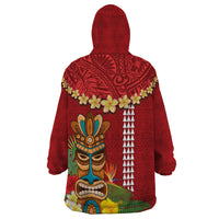 Hawaii Plumeria Lei Wearable Blanket Hoodie Tiki and Kakau Pattern Red Color LT03 - Polynesian Pride