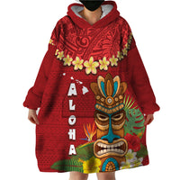 Hawaii Plumeria Lei Wearable Blanket Hoodie Tiki and Kakau Pattern Red Color LT03 - Polynesian Pride