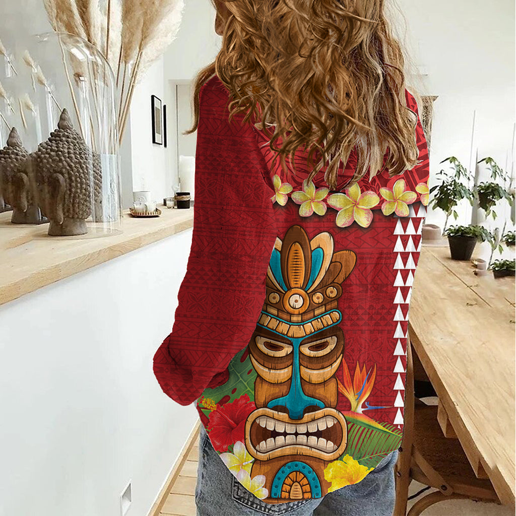 Hawaii Plumeria Lei Women Casual Shirt Tiki and Kakau Pattern Red Color