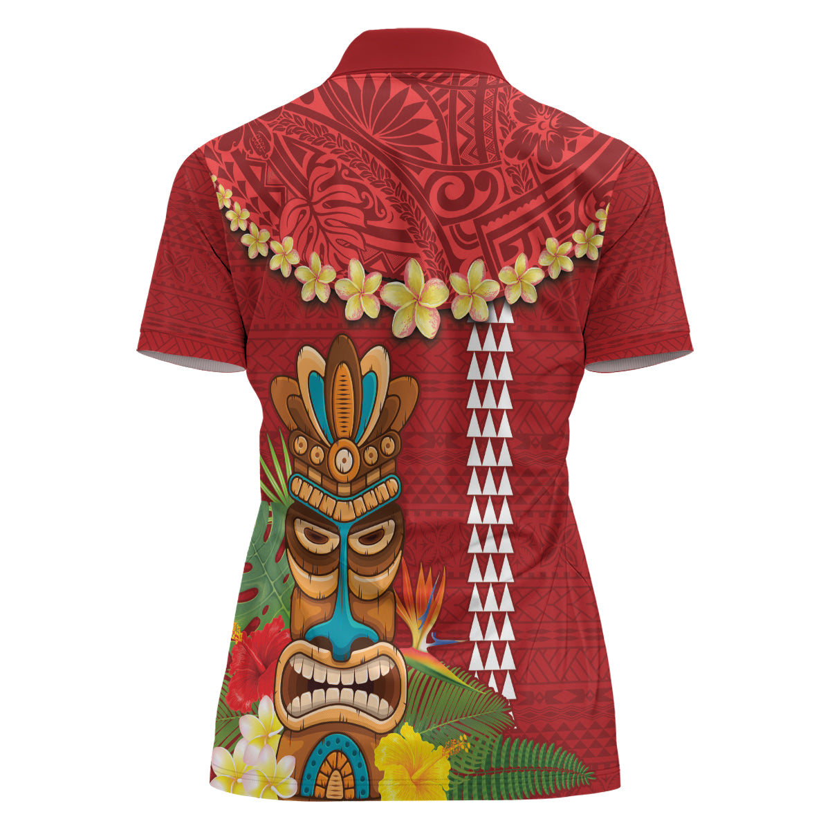 Hawaii Plumeria Lei Women Polo Shirt Tiki and Kakau Pattern Red Color