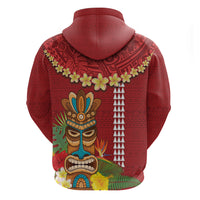 Hawaii Plumeria Lei Zip Hoodie Tiki and Kakau Pattern Red Color