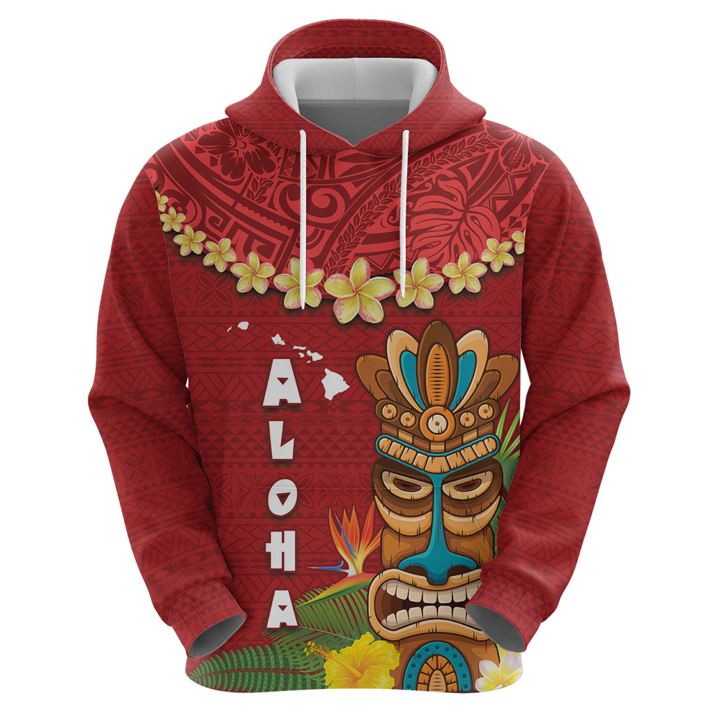 Hawaii Plumeria Lei Zip Hoodie Tiki and Kakau Pattern Red Color